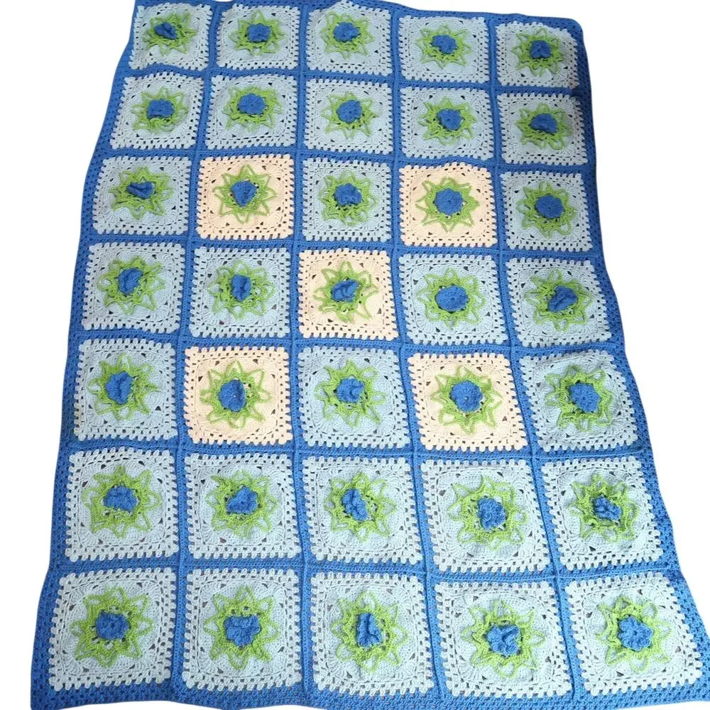 Vintage 70s light blue 3D floral granny square crochet knit blanket